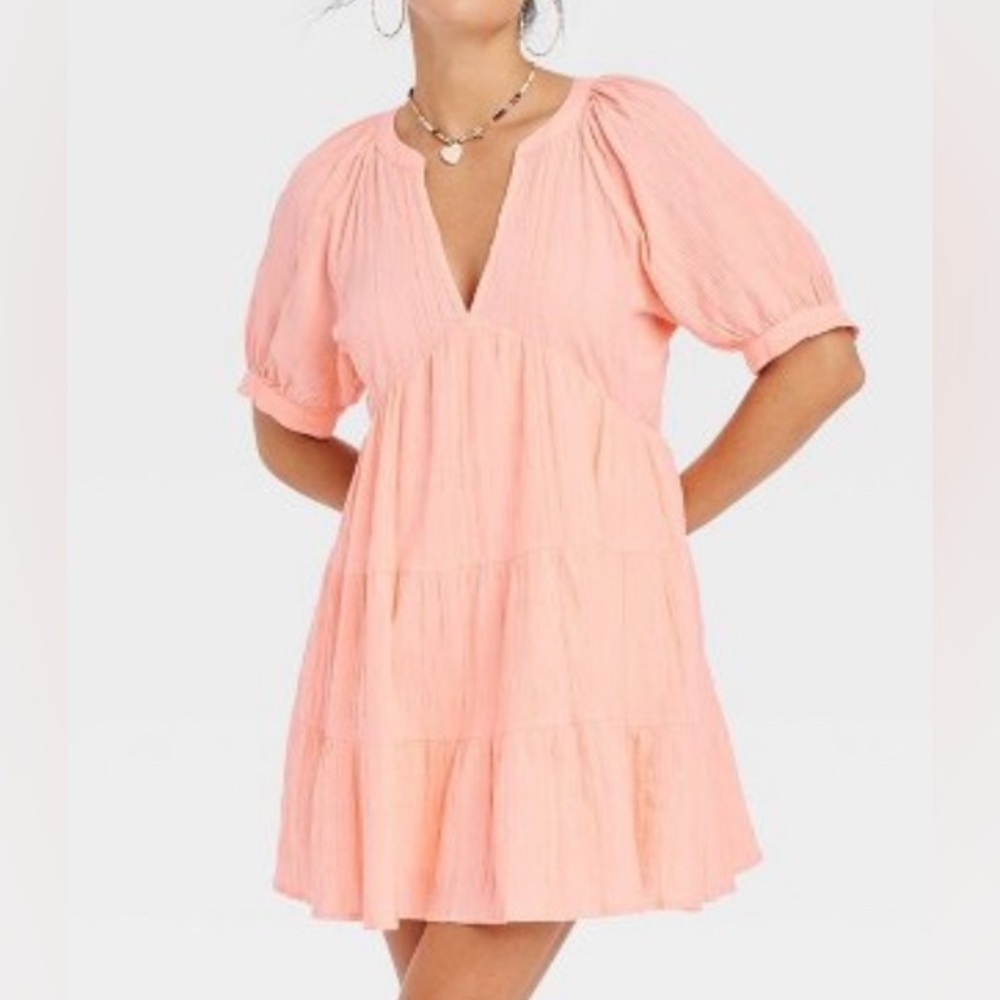 Universal Thread Puff Elbow Sleeve Crinkle Tiered Dress